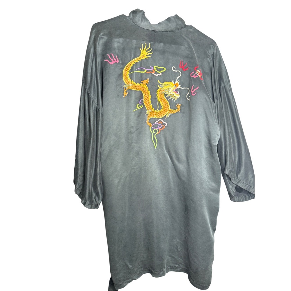 Vintage Golden Dragon Embroidered Satin Kimono Robe Charcoal Gray One Size